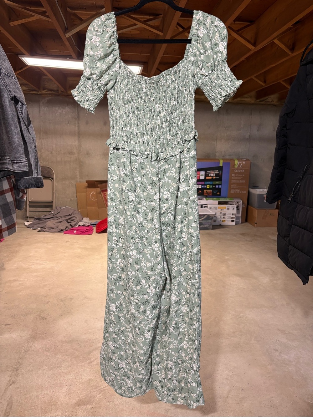 Maurice’s Smocked Puff-Sleeve Floral Jumpsuit in Sage Green